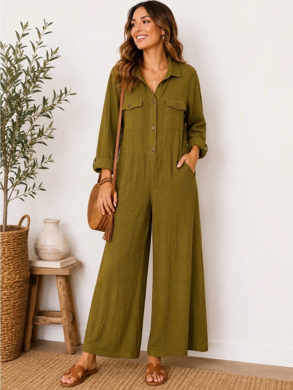 Umgee Olive Utility Wide-Leg Jumpsuit